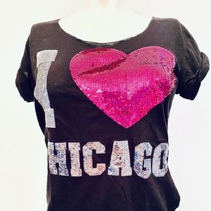 NEW VICTORIA'S SECRET LOVE PINK CHICAGO Sequin BLING T shirt LIMITED EDITION XS
